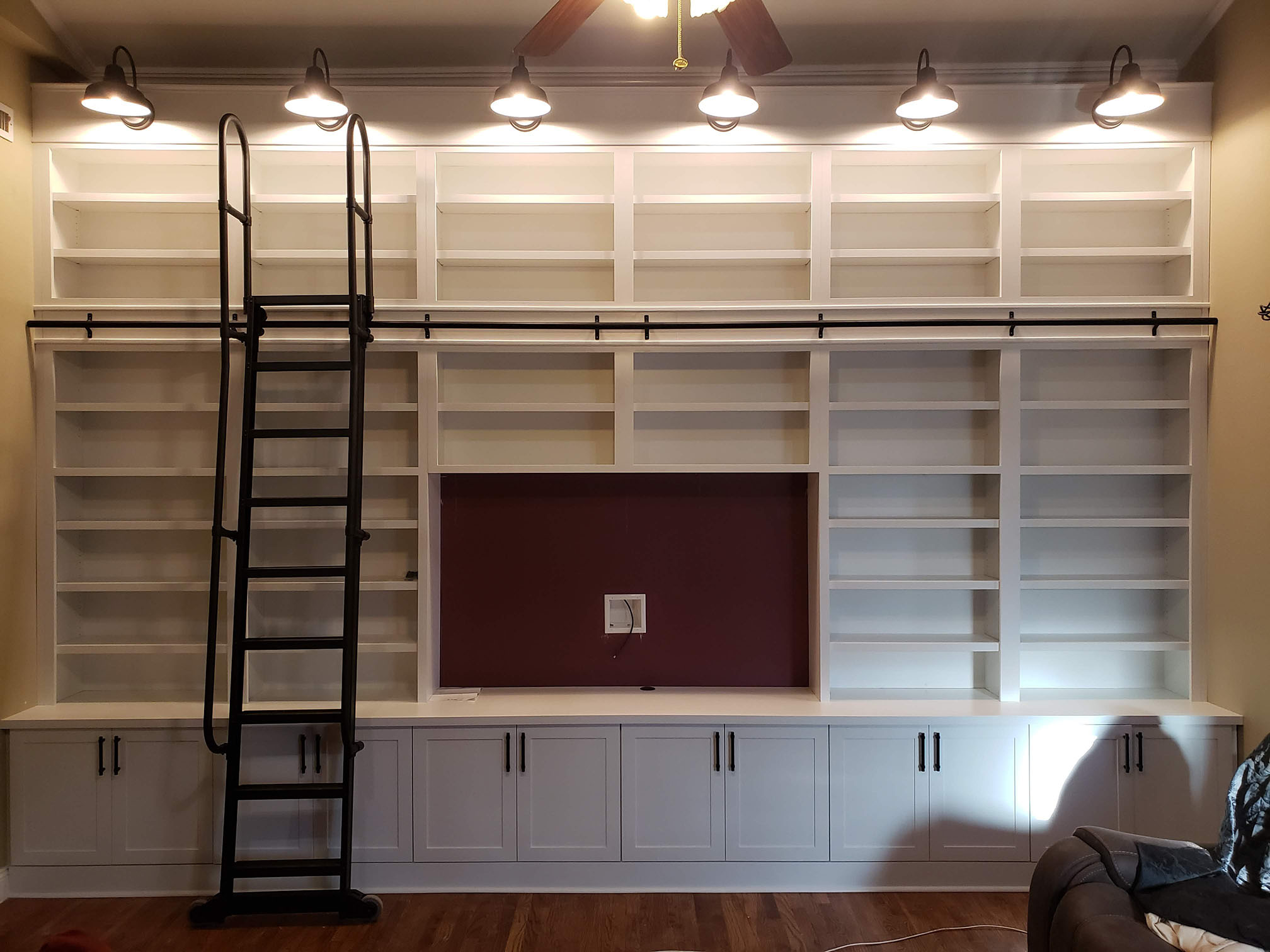 Full view of custom white built-in bookcase - Professional Wood Interiors St. Louis